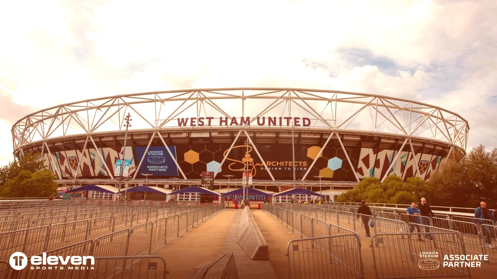 West Ham United Stadium featuring Sign Architects branding as an associate partner