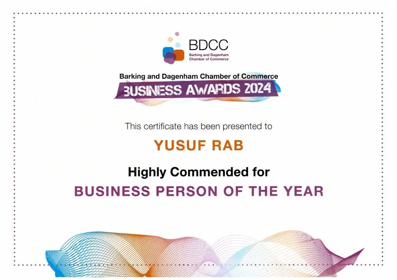 BDCC Business Awards 2024 certificate awarded to Yusuf Rab for Highly Commended Business Person of the Year.