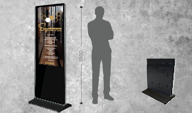 Freestanding digital display totem for promotional signage.