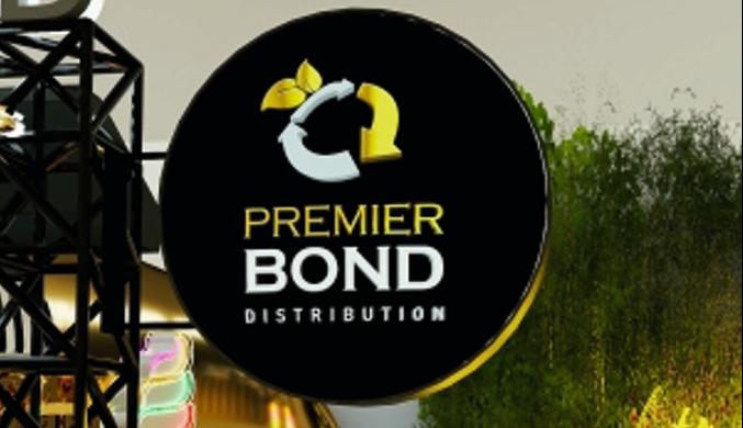 Double-sided projecting sign for Premier Bond Distribution.