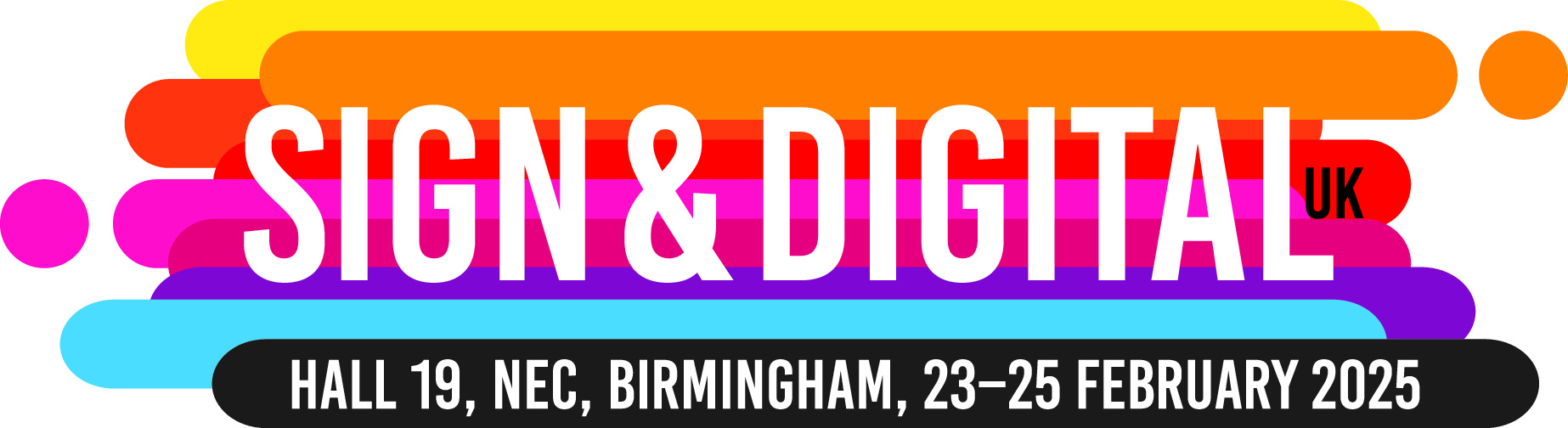 Sign & Digital UK 2025 event banner featuring vibrant colours and event details.