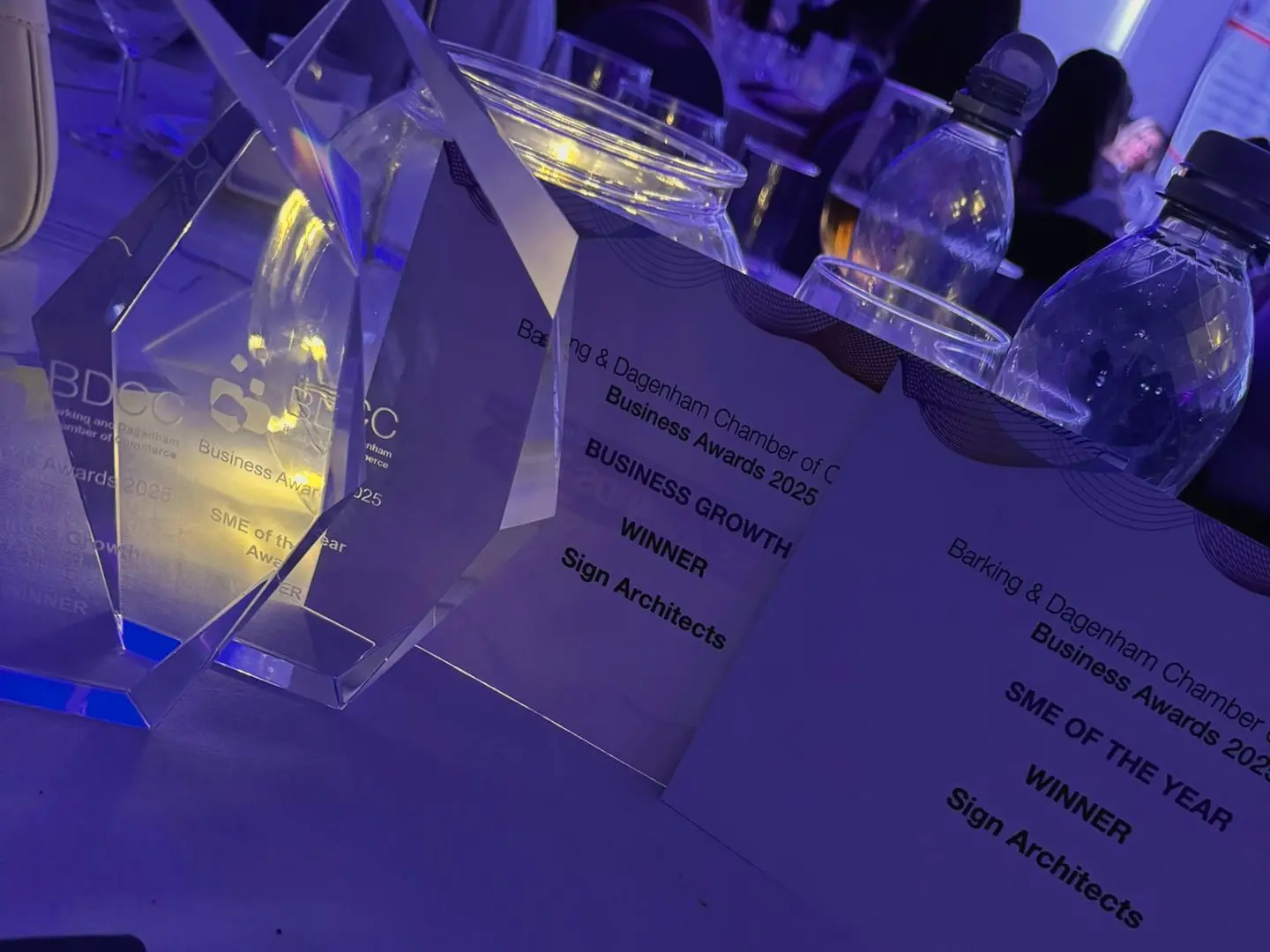 Sign Architects 2025 Double Award Win – Business Growth & SME of the Year Sign Architects wins Business Growth and SME of the Year Awards 2025 – trophies on display at BDCC ceremony